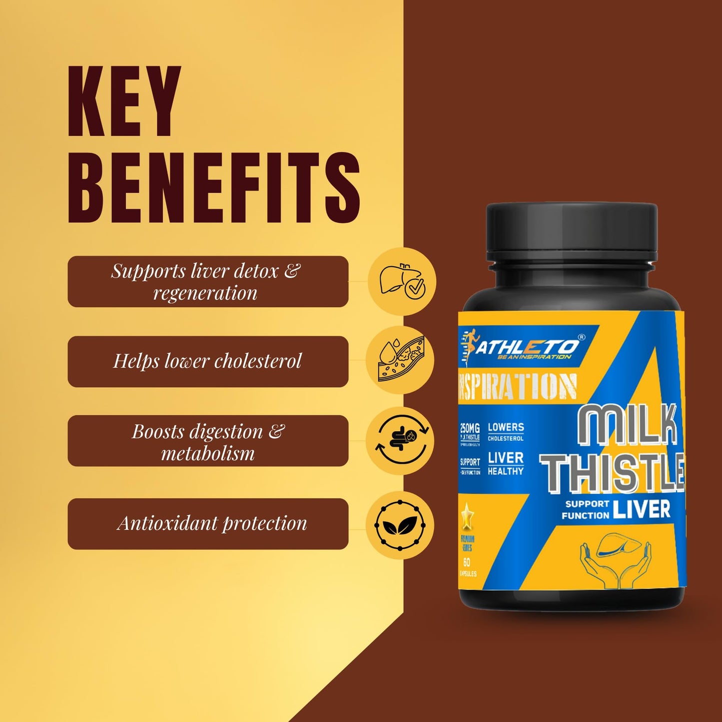 Athleto Milk Thistle 250mg | Liver Support Supplement | Helps Detox, Boosts Digestion, Lowers Cholesterol & Supports Liver Health | 60 Vegetarian Capsules
