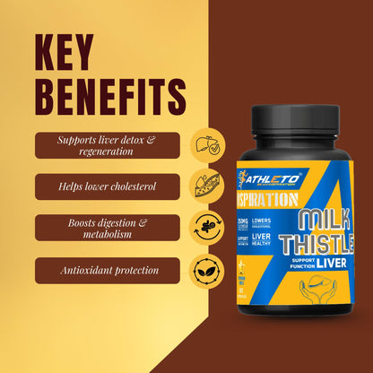 Athleto Milk Thistle 250mg | Liver Support Supplement | Helps Detox, Boosts Digestion, Lowers Cholesterol & Supports Liver Health | 60 Vegetarian Capsules