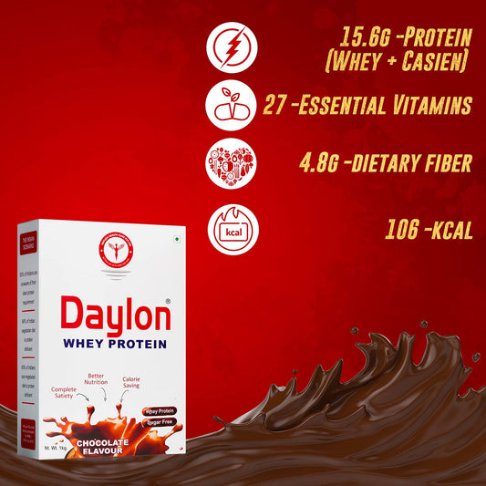 Daylon Diabetic Protein Powder, Sugar-Free, Chocolate, 500g – 15.6g Protein, 27 Vitamins, 4.8g Fiber, Diabetic-Friendly Whey Supplement