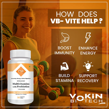 Vokin Biotech Multivitamin with Probiotics, With Vitamin C, Vitamin B, Vitamin D, Zinc, Supports Immunity and Gut health, For Men and Women (Multivitamin With Probiotics) (90 Tablets)