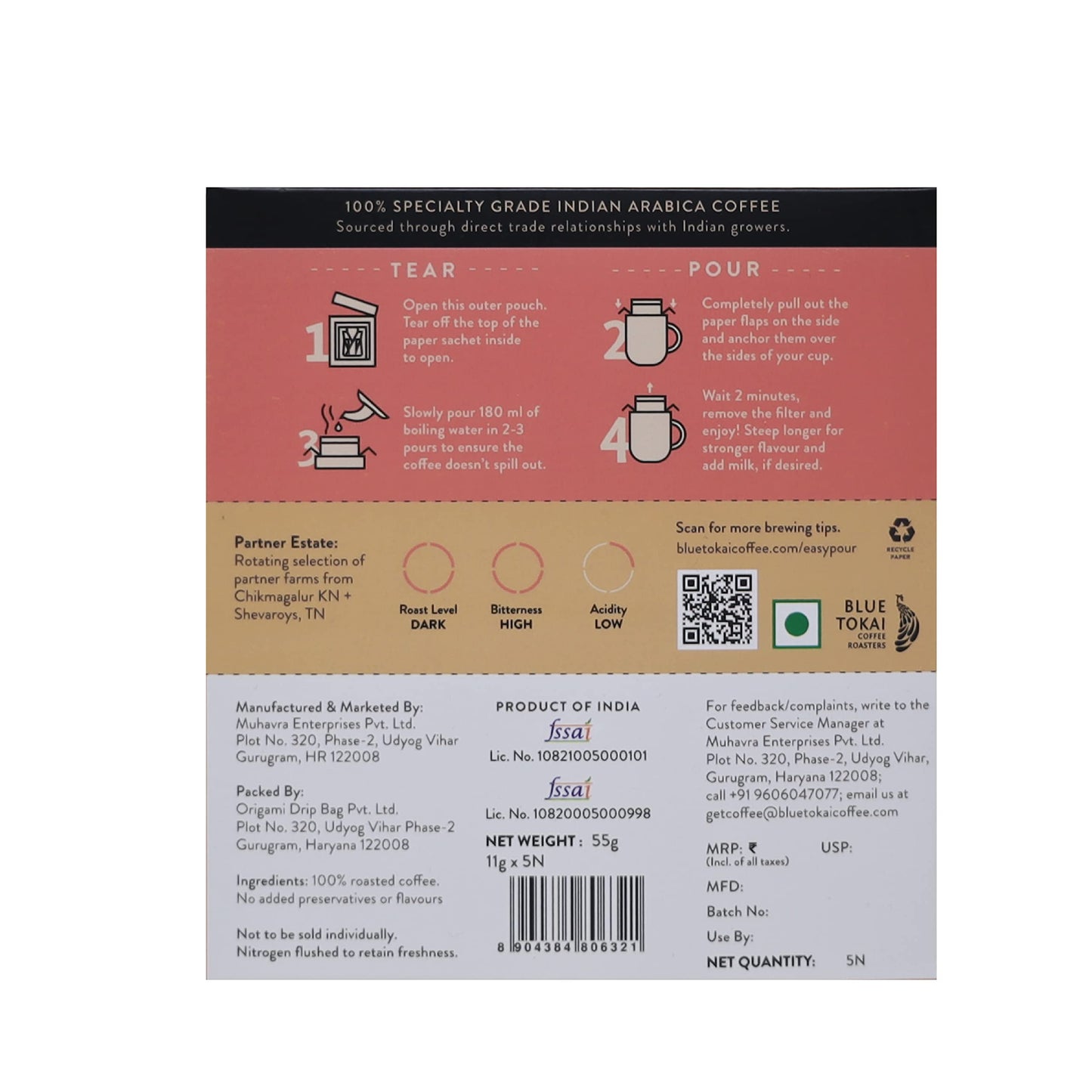 Blue Tokai Coffee Roasters Easy Pour Over Coffee Drip Bags|French Roast - Dark Roast|Bittersweet & Cocoa|Pack Of 5|100% Arabica|Ready To Brew In 2 Mins|Just Pour In Hot Water,100 Gram