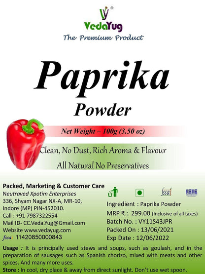 VY VedaYug Red Sweet Paprika Powder 100g | 100% Pure Non-Smoked Paprika | Mild Chilli Powder for Cooking, Pizza, Pasta & Seasoning | No Preservatives