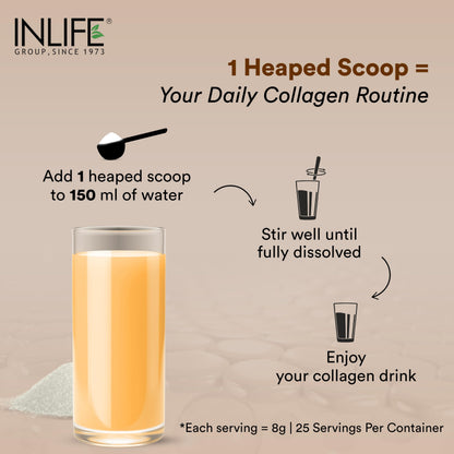INLIFE Marine Collagen Powder, Hydrolyzed Peptides, Hyaluronic Acid Vitamin C E Biotin, Skin Hair & Joint Health, Men Women, Orange 200g