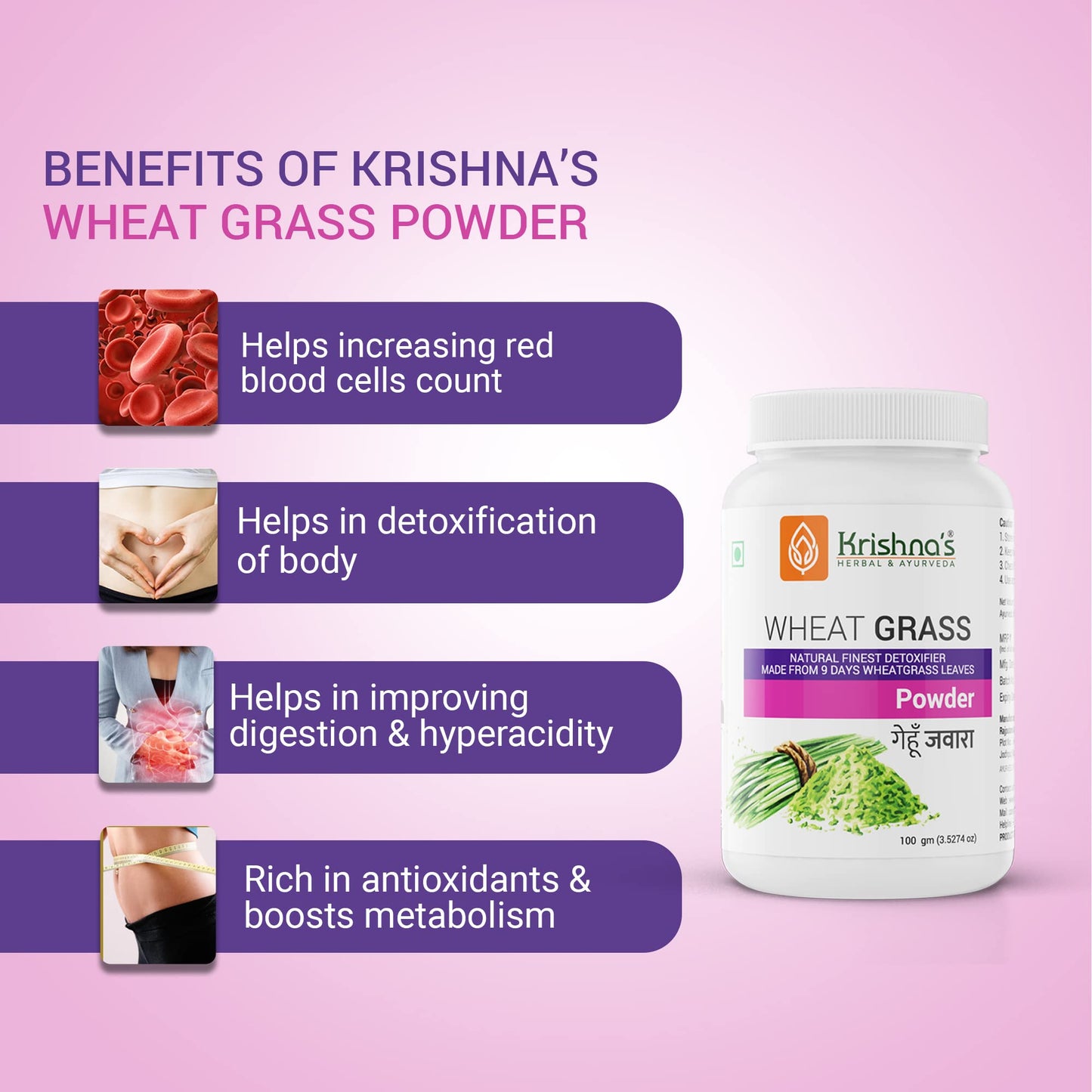 Krishna's Wheatgrass Powder - 100 g | (Pack of 2) | Prepared from 9th day picked fresh wheatgrass leaves | Finest Herbal Detoxifier | Nutrition Powder