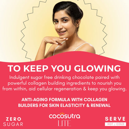 COCOSUTRA LITE | GLOW - Sugar Free Drinking Chocolate Mix | For Skin Elasticity & Renewal | Collagen Builder for Women & Men | Vegan | Keto Friendly Hot Chocolate | Enjoy hot or cold | 200 g