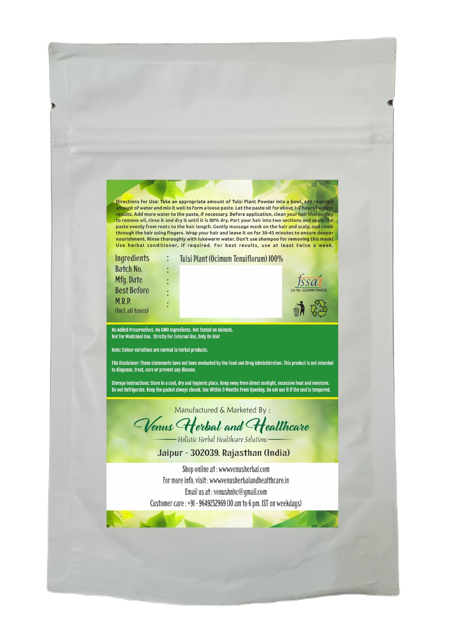VENUS Tulsi Plant Powder – Natural - 100% Ground Ocimum Tenuiflorum Plant (100g)
