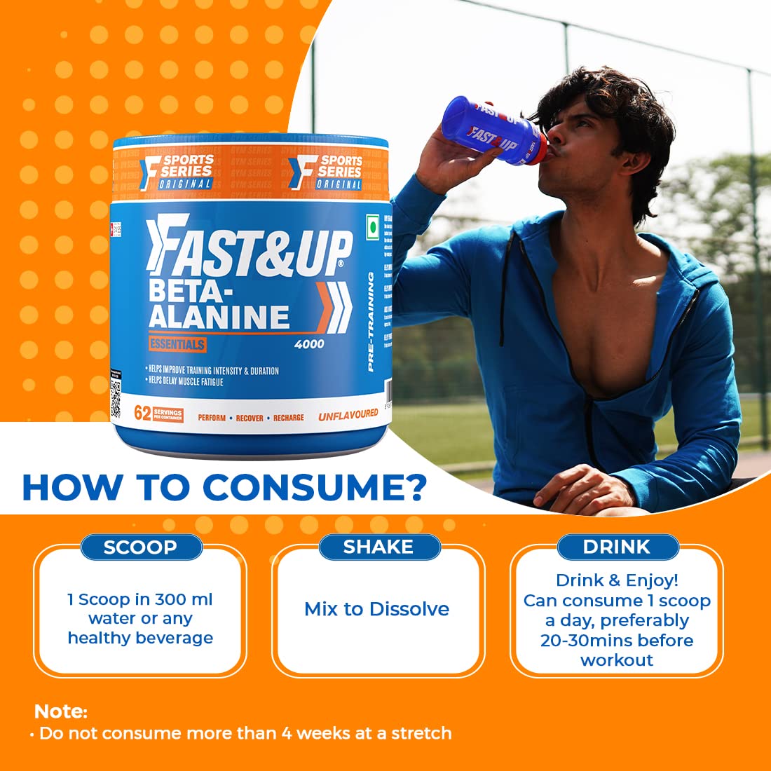 FAST&UP Beta-Alanine Essentials (250gms, 4gms per serving, 62 Servings) | Helps Increase Workout Capacity, Strength & Endurance | Helps Delay Muscle Fatigue