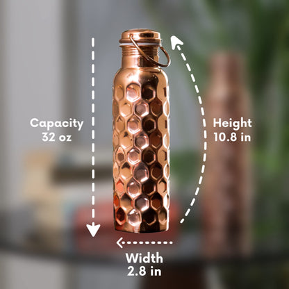 Pure Copper Water Bottle - Leak Proof Joint Less Indian Ayurveda Health Benefit Water Drinking Carafe - Diamond Finish - 950 ML