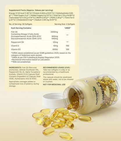 Nutrapour Ultra 4X Omega 3 Fish Oil 2000mg | 900mg EPA & 640mg DHA | Triglyceride Form Omega 3 with Vitamin D3 & E | Burpless Fish Oil Capsules for Heart, Brain & Joint Support | 60 Softgels