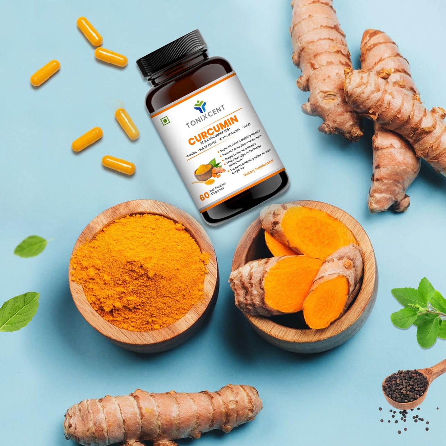 TONIXCENT Curcumin 95% Curcuminoids Capsules with Piperine, Turmeric Extract with Ginger, Ashwagandha & Tulsi, Joint & Mobility Support, Antioxidant & Daily Wellness Supplement, Veg Capsules for Men & Women– 60 Count