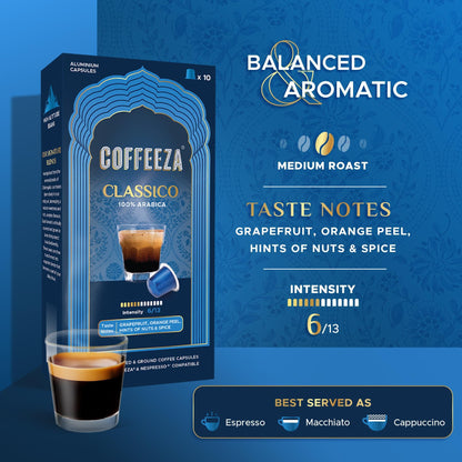 Coffeeza Classico Aluminium Coffee Capsules, Intensity - 6 |100% Arabica | Original Line Compatible Coffee Pods | Box of 1 (10 Capsules)