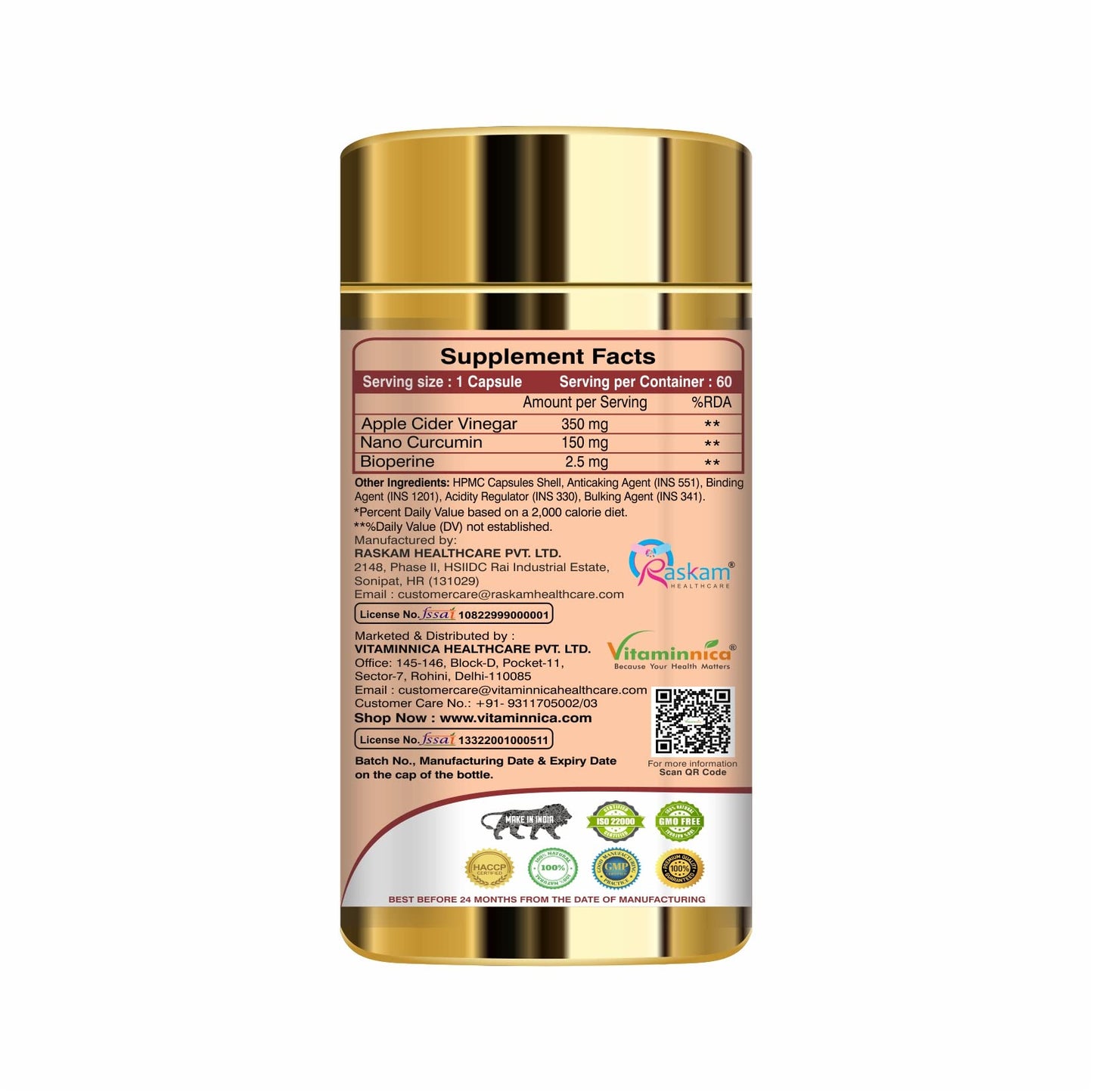 Vitaminnica Apple Cider Vinegar & Curcumin | 60 Veg Capsules for Weight Management and Suppport Digestive Health | (Pack of 1)