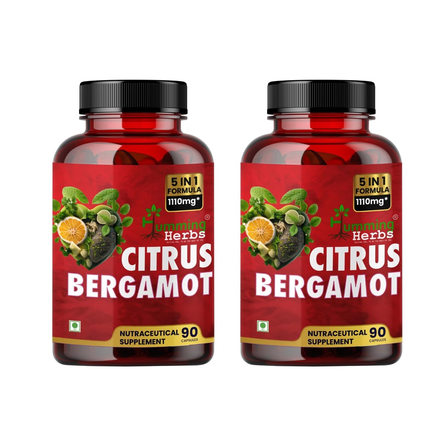 Humming Herbs Citrus Bergamot Capsules 15500mg | Supports Healthy Cholesterol & Heart Function | Enriched with Black Chokeberry, Olive Leaf & Black Pepper | 180 Veg Capsules | Pack Of 2