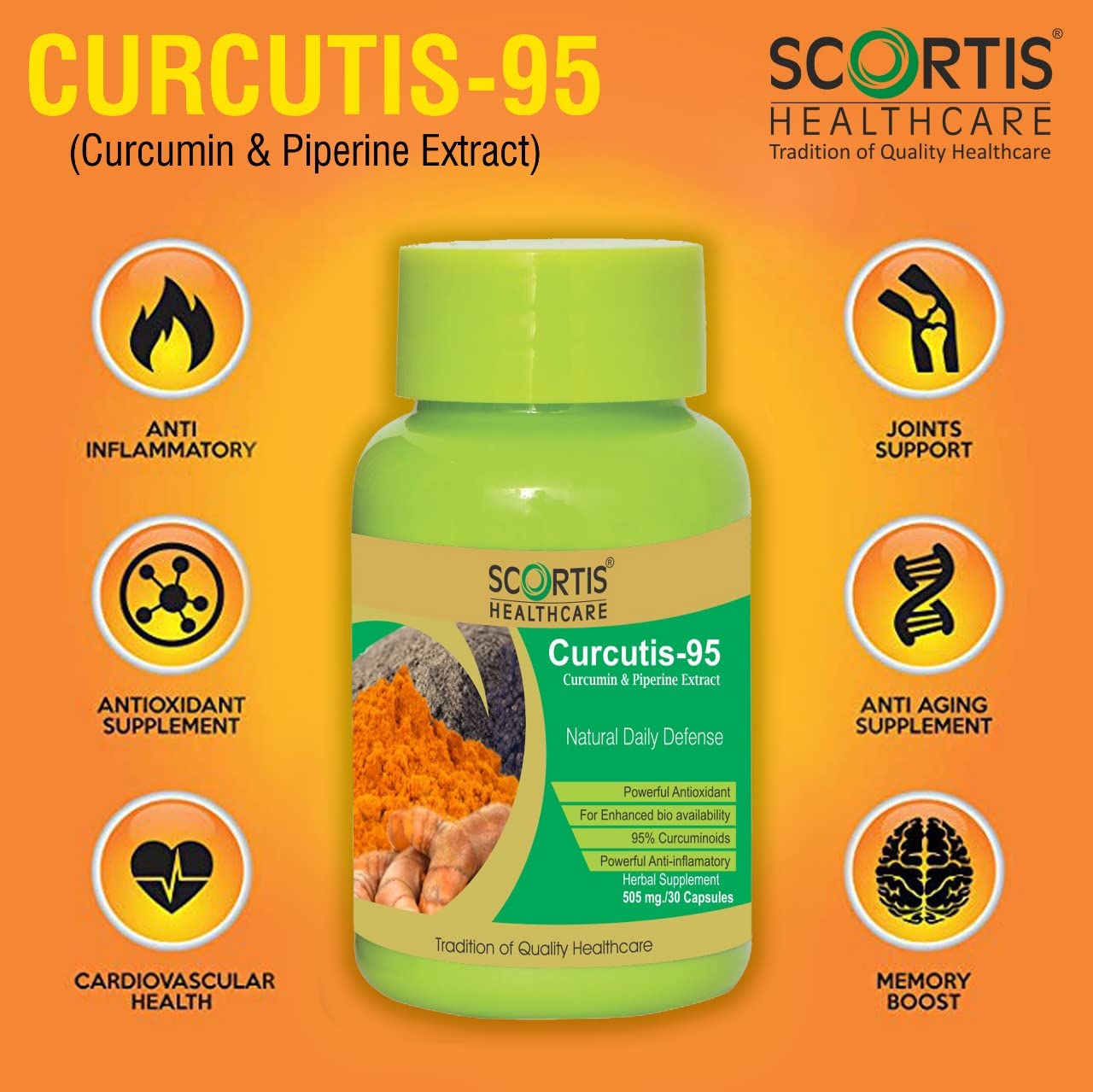 SCORTIS HEALTH CARE Curcutis-95 appears to be a health supplement from Scortis Healthcare CURCUTIS-95 (95% CURCUMINOIDS) (30 No) Pack of 1