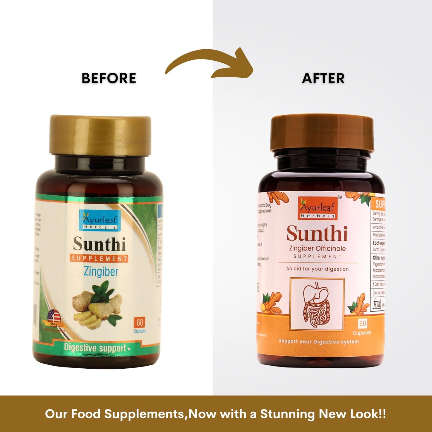 Ayurleaf Herbal Sunthi Supplement - Zingiber Officinale (Ginger) Capsules for Digestion, Bloating, and Nausea Relief (500mg, 60 Capsules)