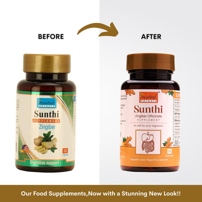 Ayurleaf Herbal Sunthi Supplement - Zingiber Officinale (Ginger) Capsules for Digestion, Bloating, and Nausea Relief (500mg, 60 Capsules)