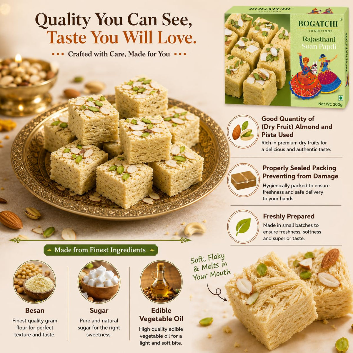 BOGATCHI Rakhi Gift Hamper for Brother with Soan Papdi 200g, Natural Raisins 30g | 2 Elegant Ganesha Rakhi with Moli Thread, Roli Chawal & Greeting Card | Traditional Festive Sweets Box