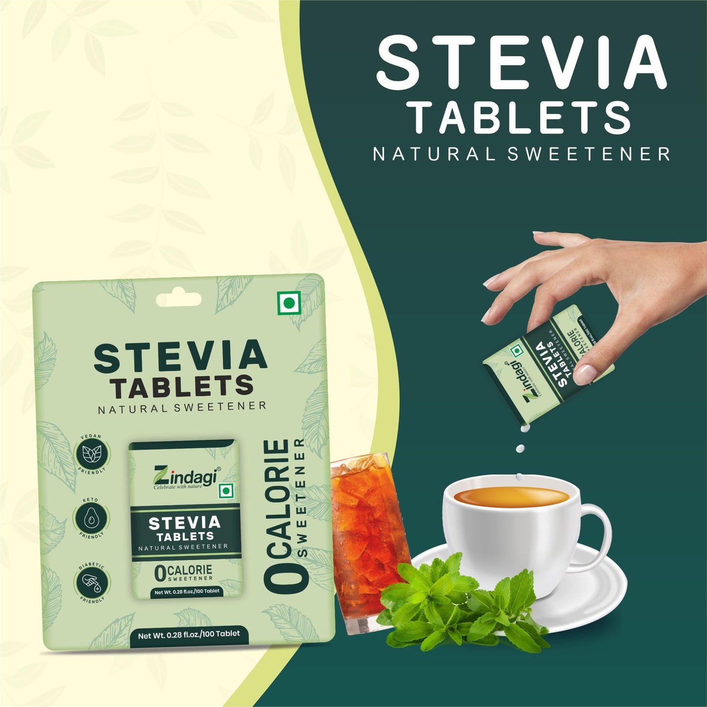 Zindagi Stevia Sugar Free Tablets | Natural & Zero Calorie Sweetener | Diabetic Friendly Sugar | 100 Tablets