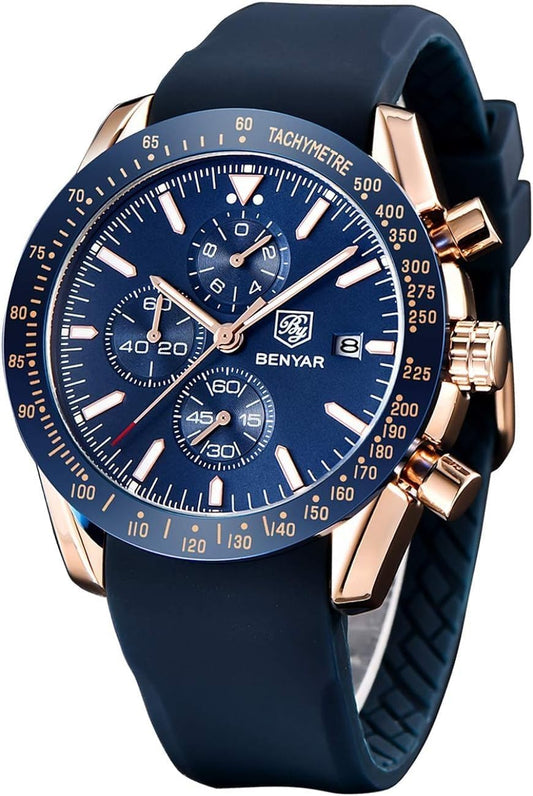 BENYAR Luxury Business Casual Party-Wear Silicone Chronograph Date Display Watch For Men, Blue Dial, Blue Band