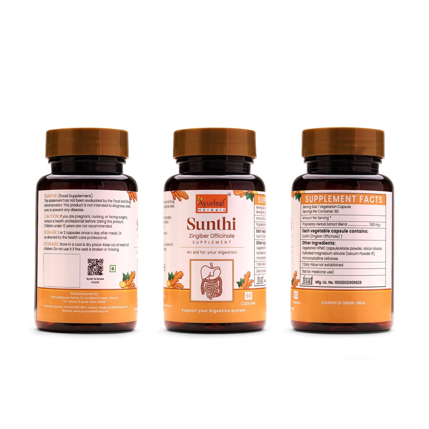 Ayurleaf Herbal Sunthi Supplement - Zingiber Officinale (Ginger) Capsules for Digestion, Bloating, and Nausea Relief (500mg, 60 Capsules)