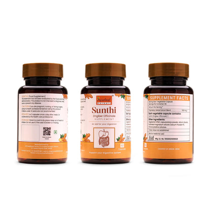 Ayurleaf Herbal Sunthi Supplement - Zingiber Officinale (Ginger) Capsules for Digestion, Bloating, and Nausea Relief (500mg, 60 Capsules)
