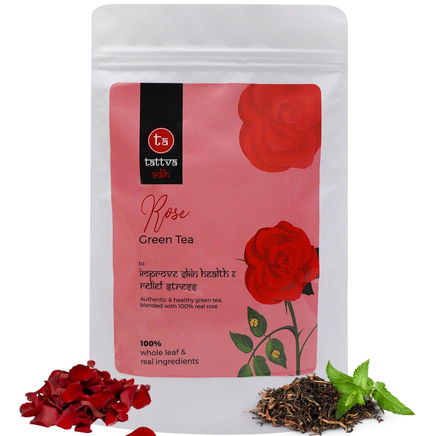 Tattva Adih Rose Green Tea - 100 grams 60+ Cups | For Glowing Skin | 100% Whole Leaf & Natural Rose Petals | Ziplock Pouch | Made with Whole Leaf & Natural Rose's Petals | Refreshing & Aromatic