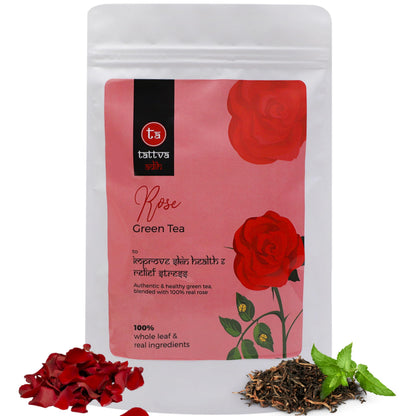 Tattva Adih Rose Green Tea - 100 grams 60+ Cups | For Glowing Skin | 100% Whole Leaf & Natural Rose Petals | Ziplock Pouch | Made with Whole Leaf & Natural Rose's Petals | Refreshing & Aromatic