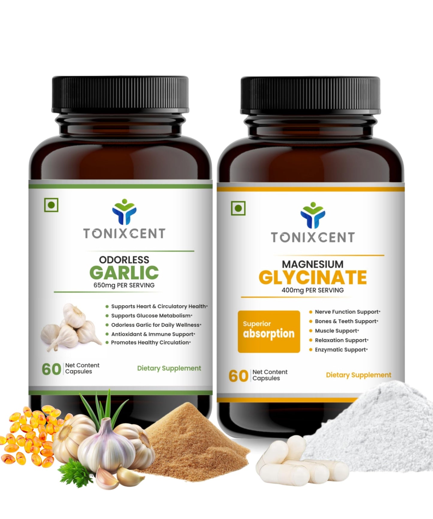 TONIXCENT Calm Digestion Blend | Garlic 650mg & Magnesium Glycinate 400mg Capsules | Supports Stress Relief, Heart Health & Muscle Recovery | 60+60 Vegan Capsules