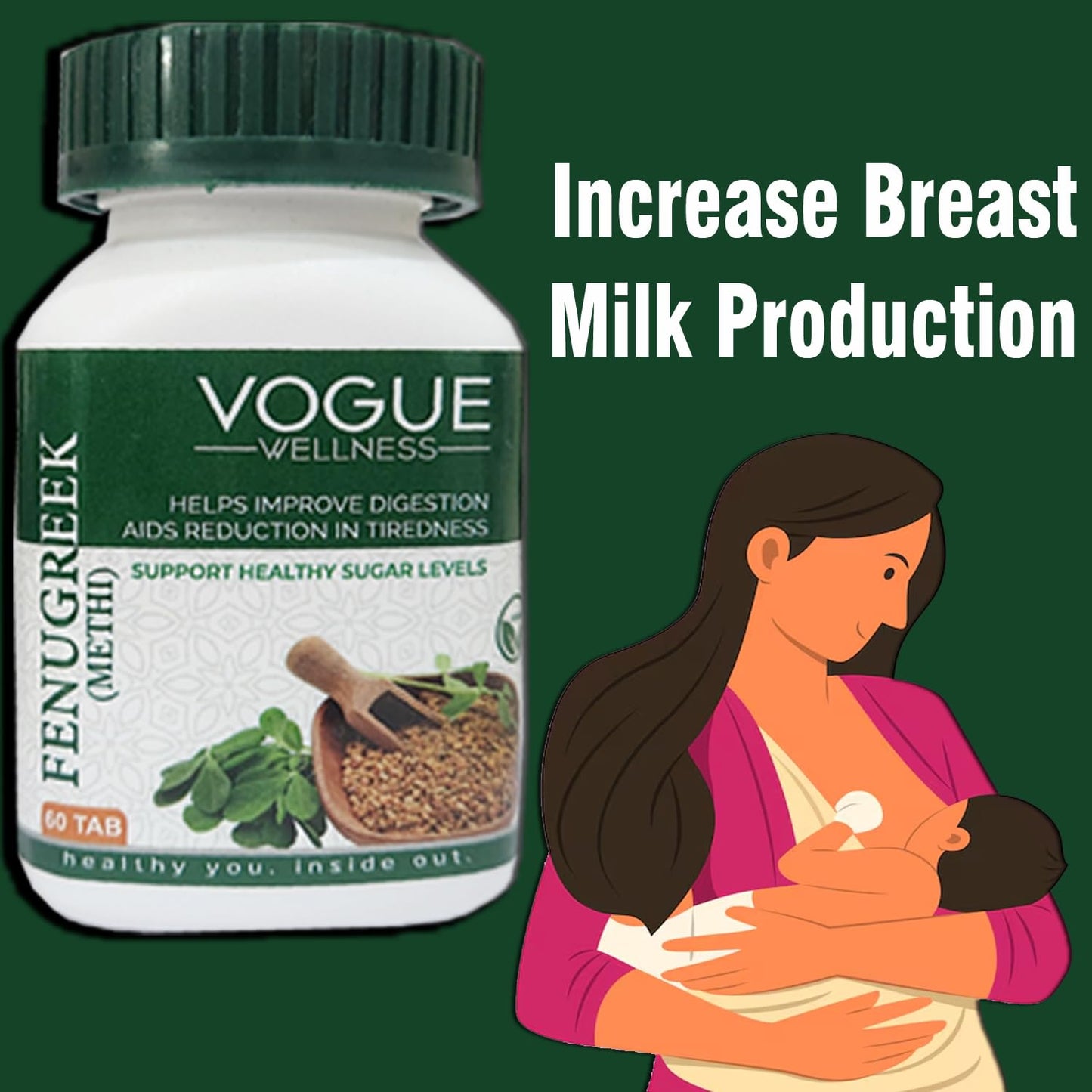 Vogue Wellness Fenugreek Tablets (Methi) | Natural Herbal Supplement for Digestive Health & Wellness | Supports Healthy Blood Sugar Levels & Hormonal Balance | 60 Tablets