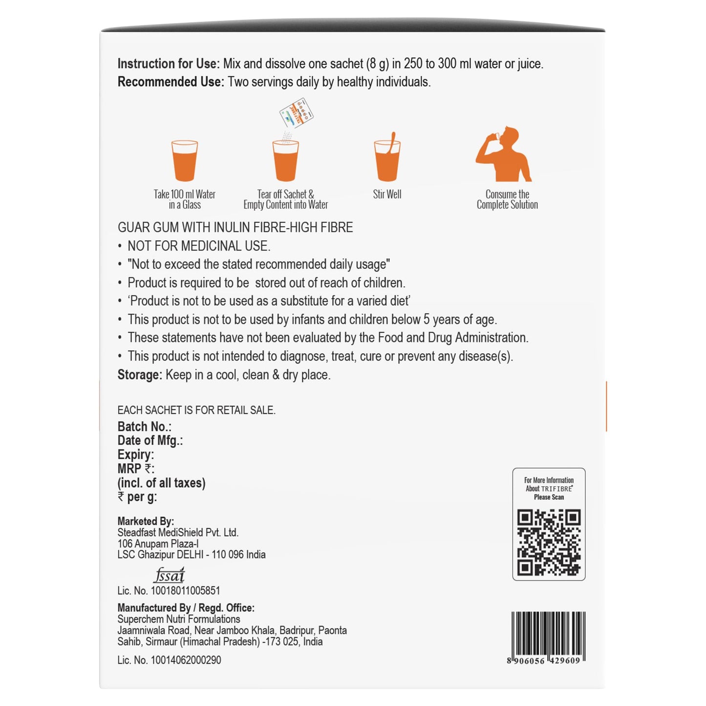 Steadfast Nutrition Tri Fibre Clear Soluble Fiber Supplement for Healthy Gut & constipation Relief Gluten Free (Unflavoured 30 Sachets, 240g)