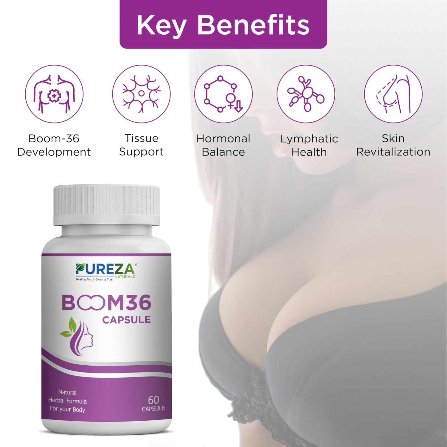 Pureza Naturals BOOM36 Capsule – Natural Herbal Formula for Women’s Wellness & Body Support, Advanced Ayurvedic Supplement, 60 Capsules Bottle for Daily Health Care & Complete Nutritional Support
