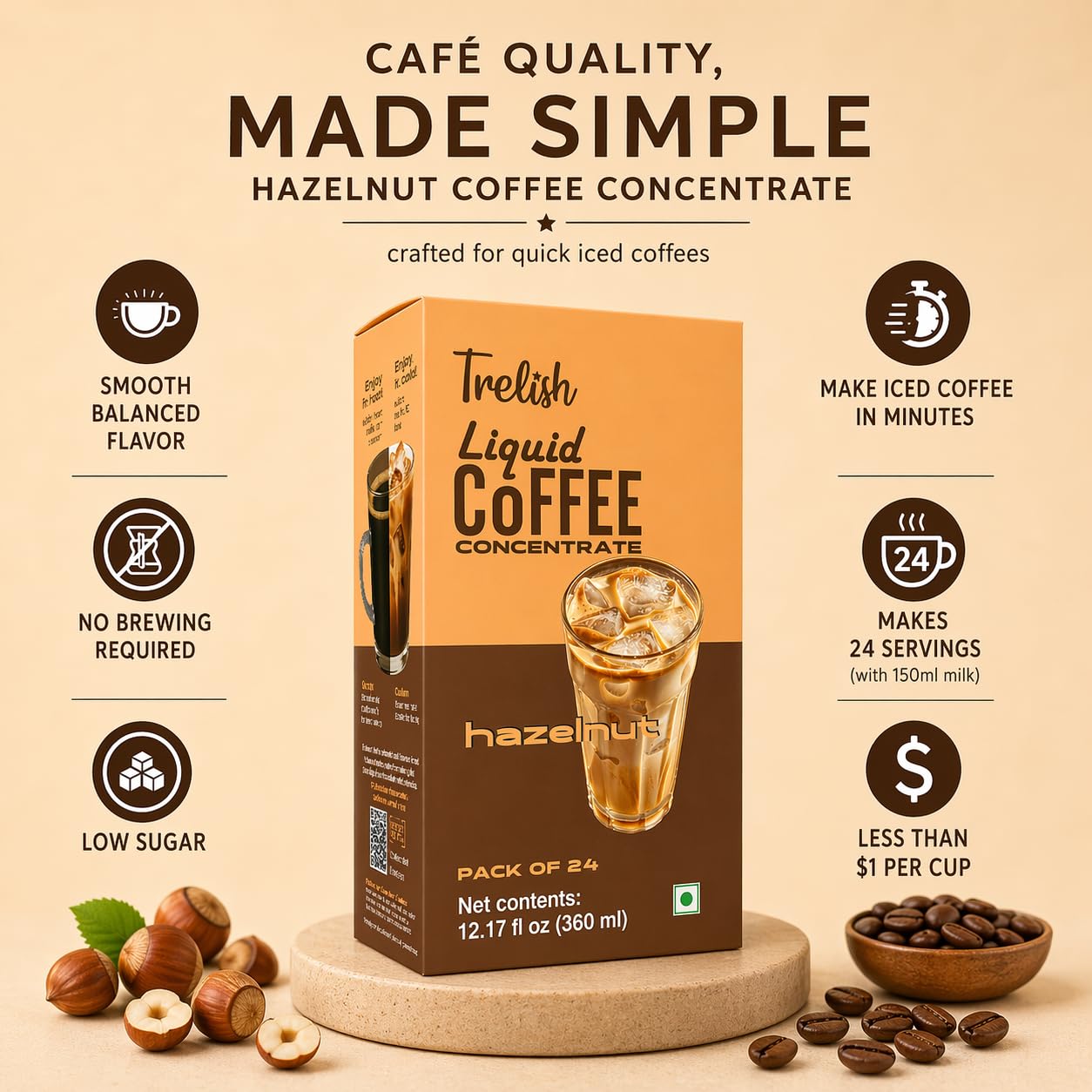 Trelish Coffee Concentrate - Hazelnut | Single Servings | Coffee decoction |Perfect for Hot or Iced Instant Coffees, Sugar Free, Shelf Stable, No Refrigeration, Travel Friendly | 24 servings - 360ml
