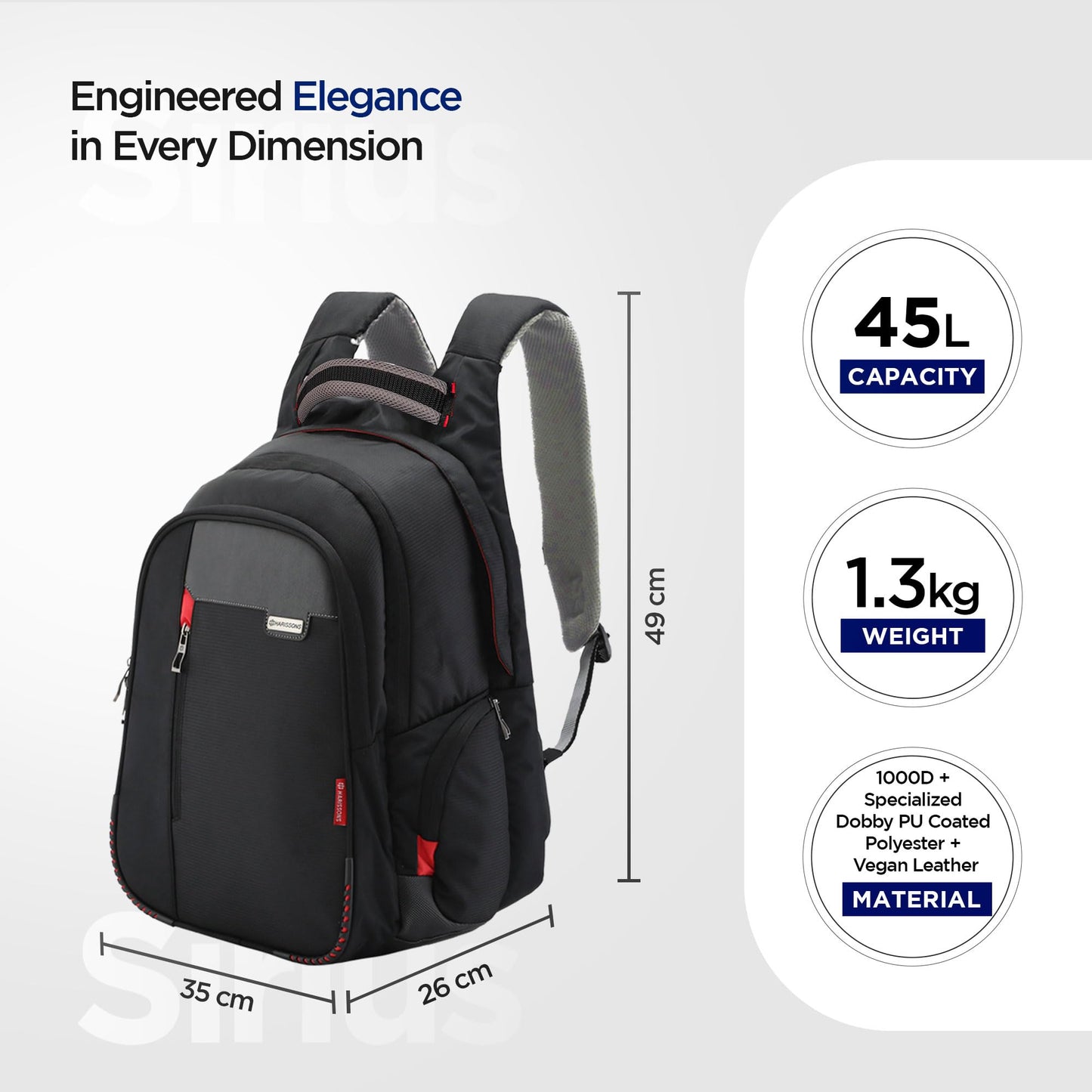 HARISSONS Sirius Travel Laptop Backpack | 45L | Fits 15.6” Laptop | Heavy-Duty Build | USB & Audio Port, Multi-Level Organizer, Trolley Sleeve | Work, Travel & College (black)
