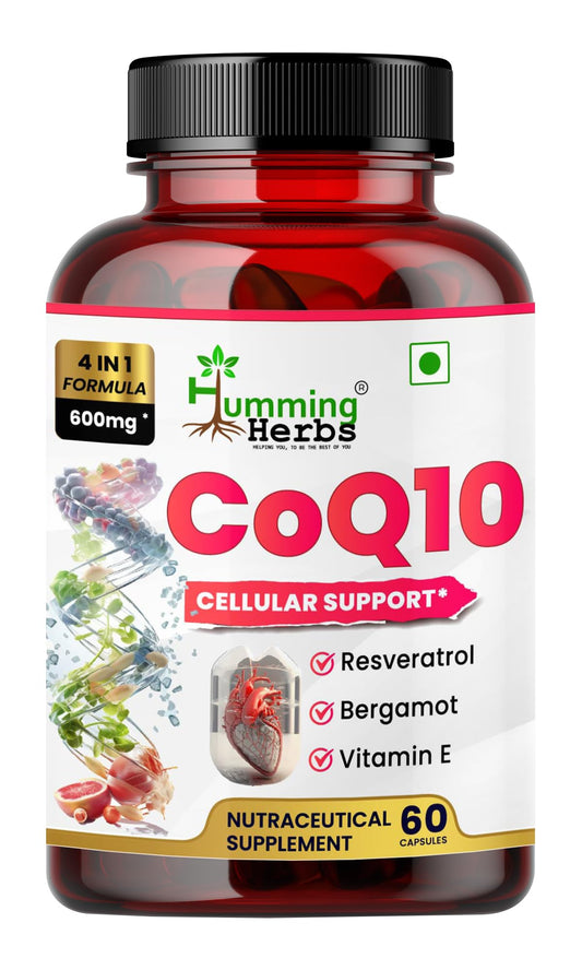Humming Herbs CoQ10 600mg Cellular Support Supplement with Resveratrol, Bergamot & Vitamin E - Heart Health & Energy Booster - Antioxidan 60 Caps