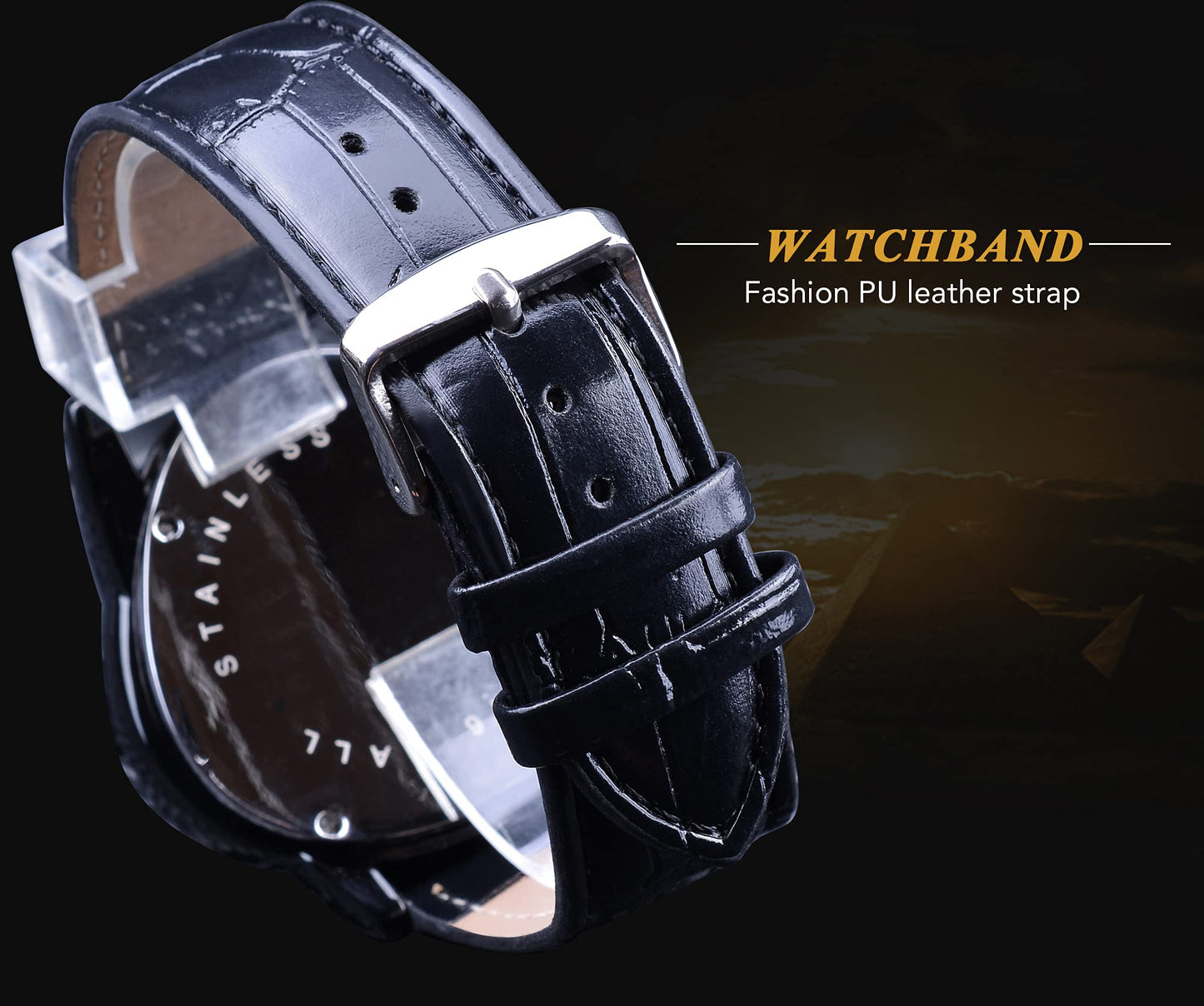 FORSINING Winner Fashion Mechanical Wrist Watch Triangle Racing Dial, Waterproof Golden Skeleton Dial Automatic Movement Leather Design Mechanical Analog Watch For Men, Black,