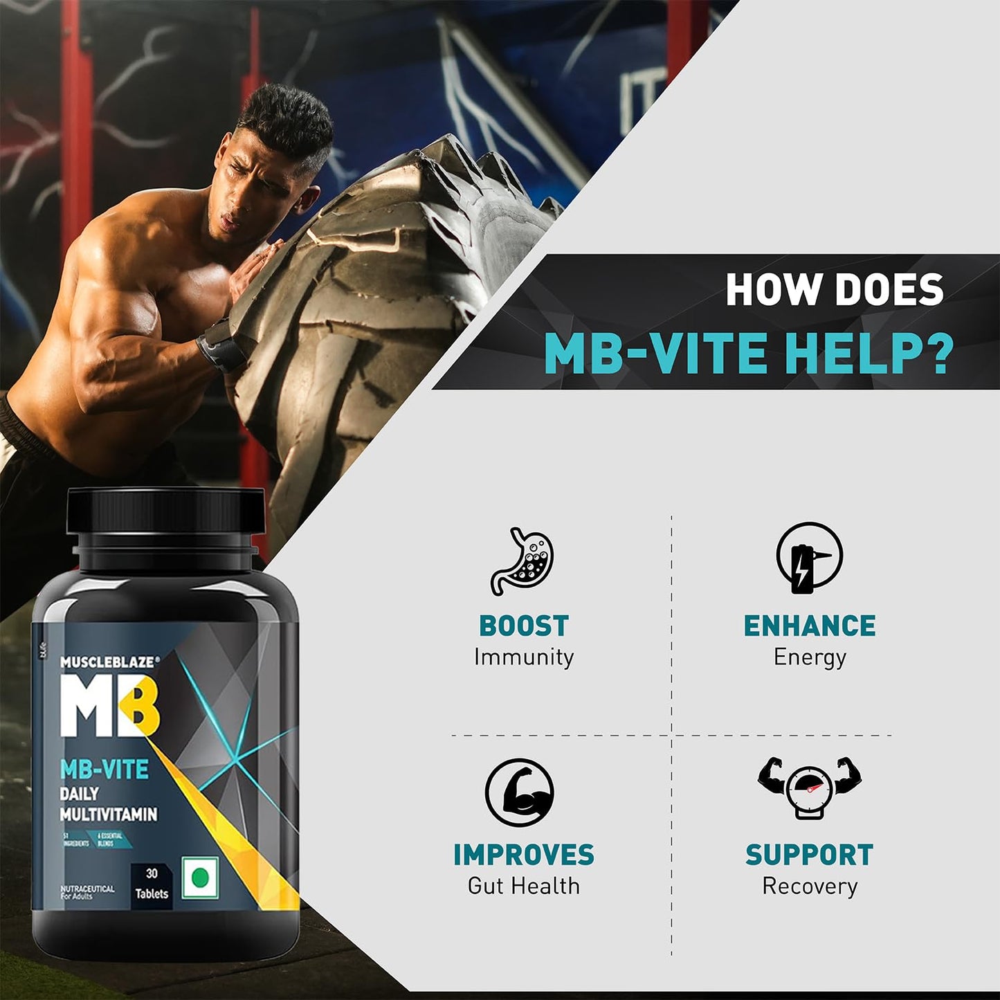 MuscleBlaze MB-Vite Daily Multivitamin (30 Tablets) | With 51 Ingredients & 6 Blends, Vitamins & Minerals, Prebiotic & Probiotics, Amino Acid Blends | For Energy, Stamina & Recovery