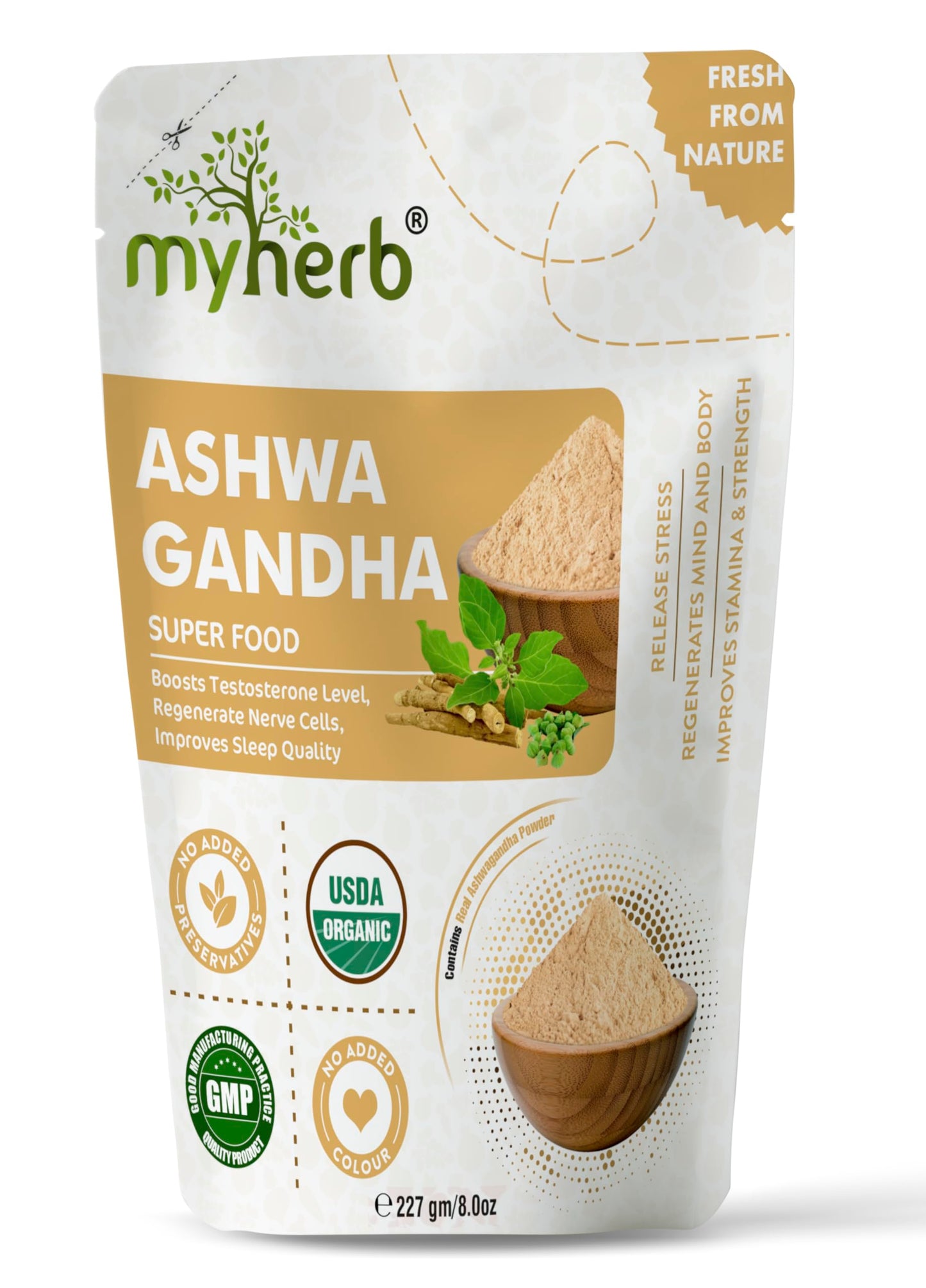 MYHERB 100% Pure Natural Organic Ashwagandha Powder || 227 Gm || Withania Somnifera || Ayurvedic Formula || Support for Stress-free Living- For Men And Women