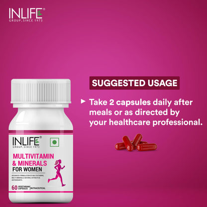 INLIFE Multivitamin for Women with Biotin, Vitamin D, Calcium, & Minerals for Energy, Hair, Skin, Nails, Bone - 60 Veg Capsules (Women) (Pack of 2, 120)