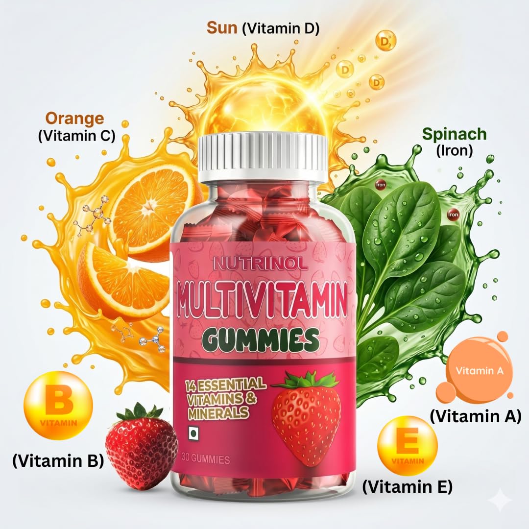 Knoll Healthcare Nutrinol Multivitamin Gummies, Zinc, Veg Omega, Iron & Biotin|Vitamin D3, B6, E & A|Boosts Energy & Stamina, Improves Immunity & Skin Health|Vegan, Gelatin Free, 1 Count, 30 Servings