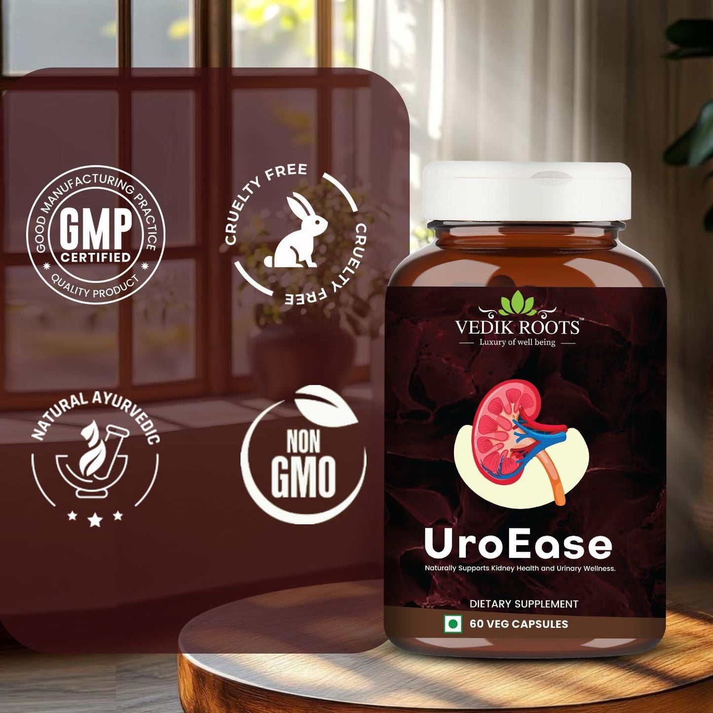 Vedikroots UroEase Ayurvedic Herbal Supplement Capsules to Help Maintain Kidney Health & Uric Acid Level | Provides Support to Manage Urinary Tract | 60 Veg Capsules (Pack of 2)