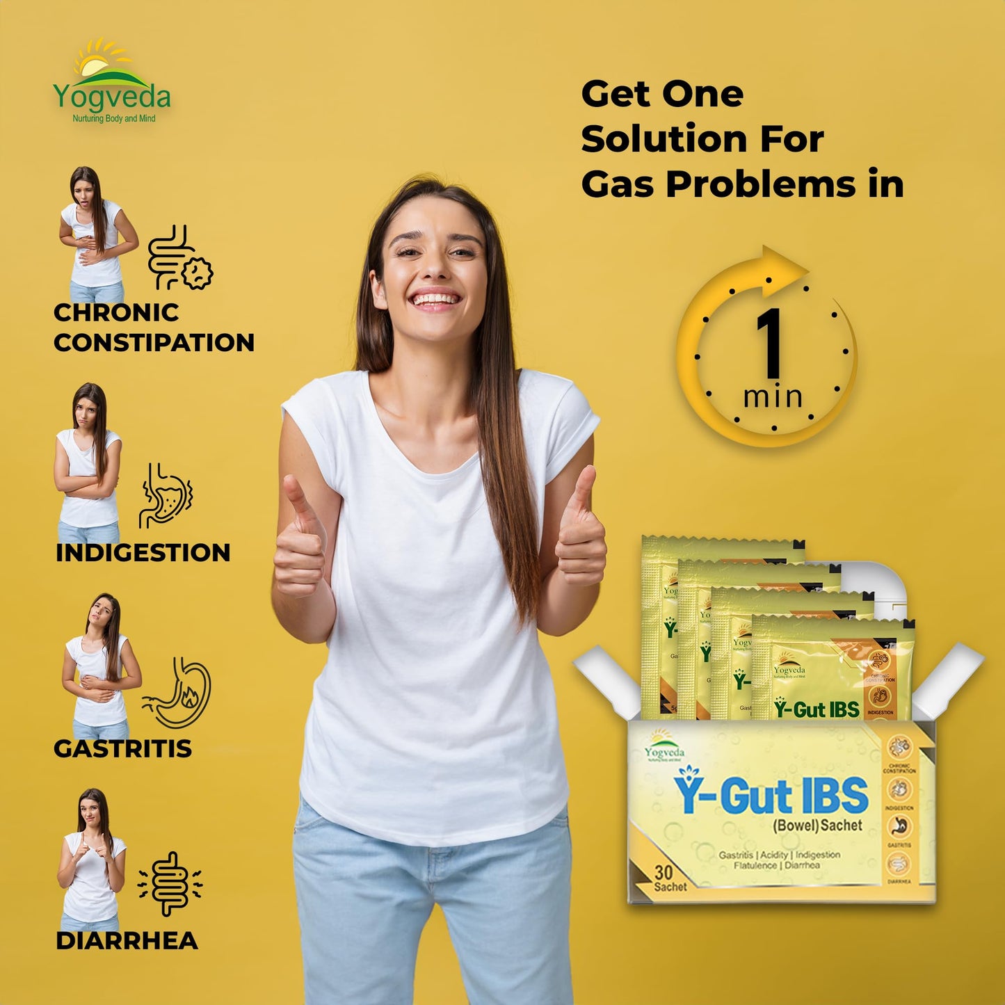 Yogveda Y-Gut IBS Relief Probiotics, Constipation & Irritable Bowel Syndrome, Prevent Loose Stools, Diarrhoea, Upset Stomach, 7 billion CFU Clinically Proven Strains| Sugar Free 30 Day Pack