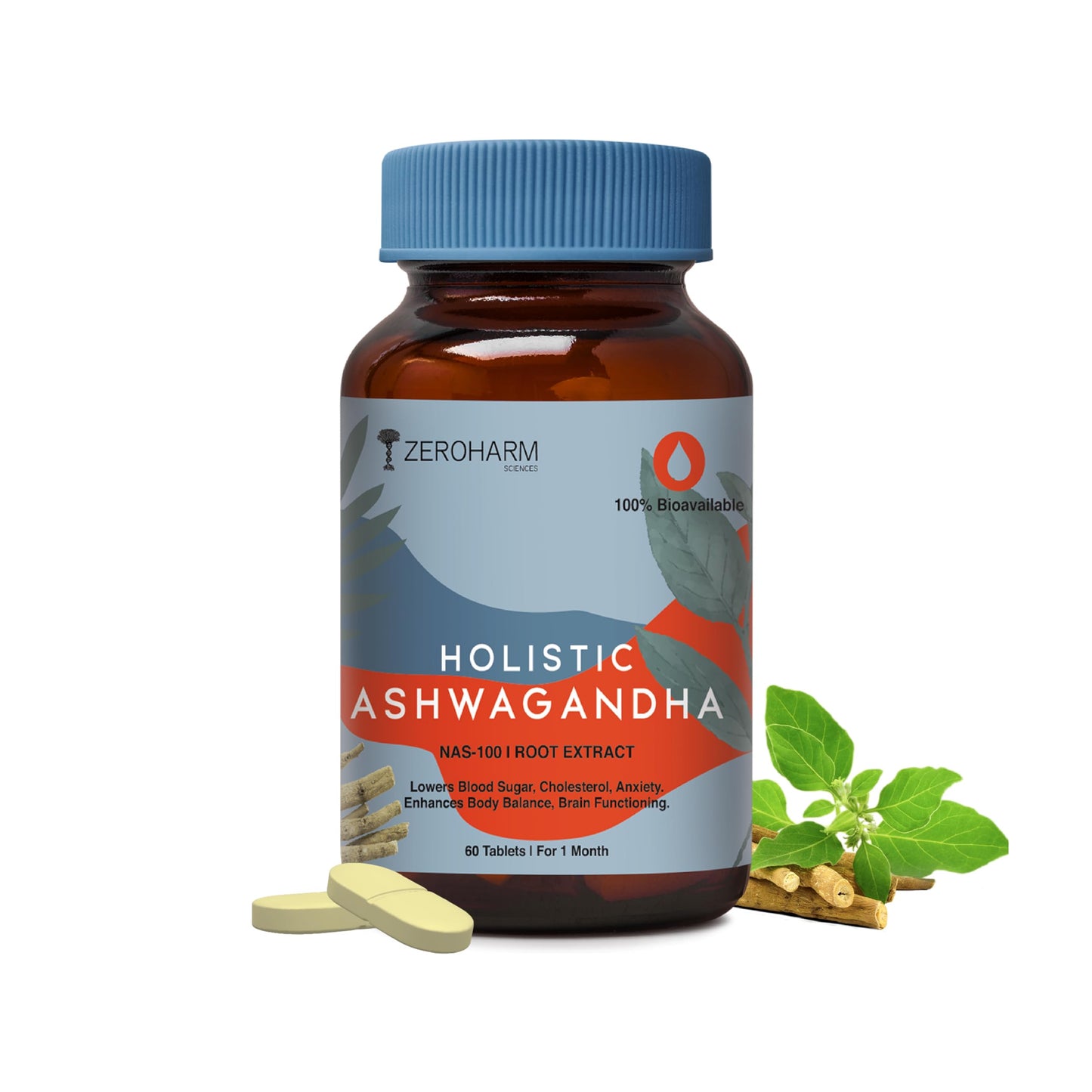 Zeroharm Holistic Ashwagandha | 60 Tablets | Stress Relief | Anti-Inflammation | 100% Water Soluble & Bioavailable