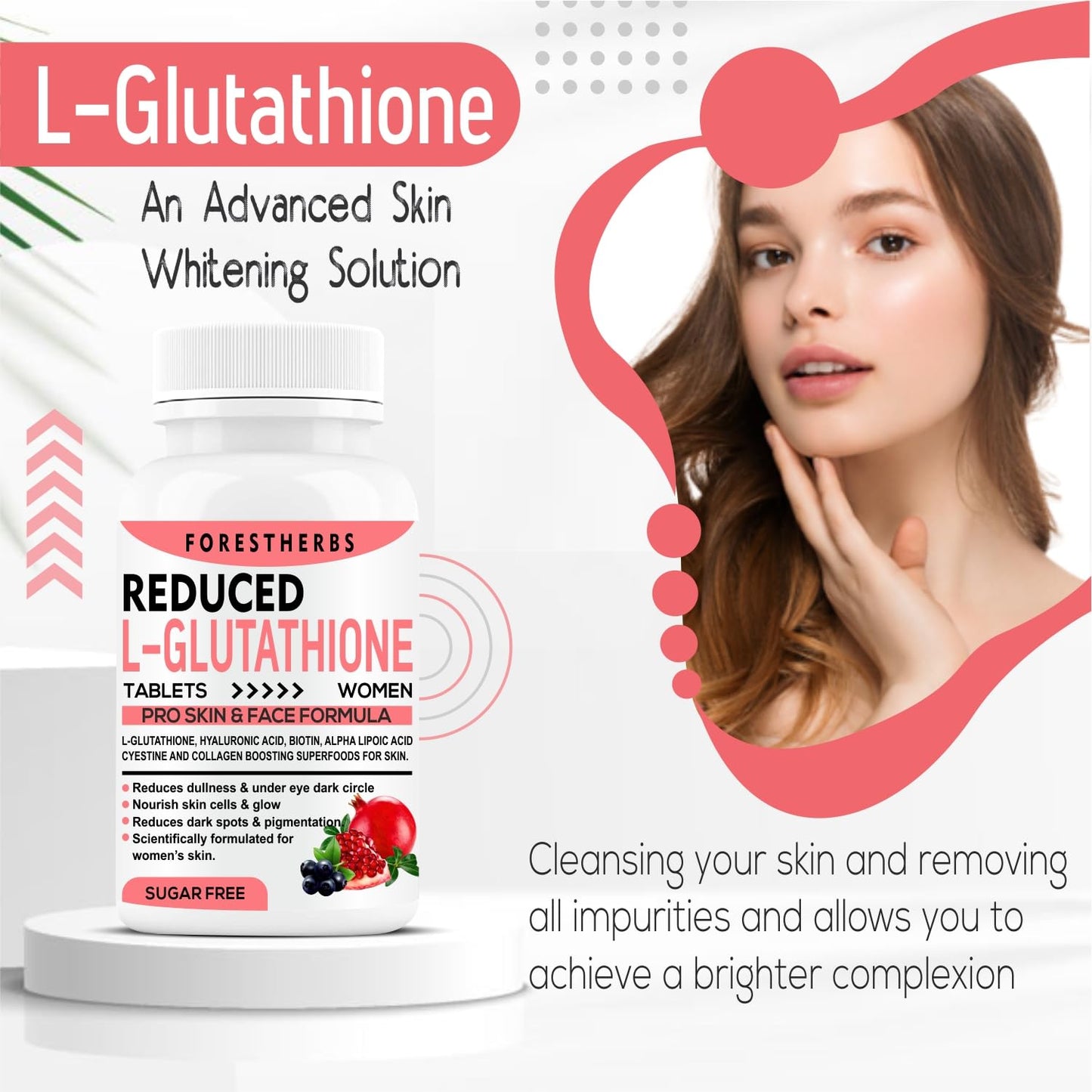 FORESTHERBS Glutathione Tablets For Skin Whitening With Vitamin C, Biotin, Alpha Lipoic Acid, Hyaluronic Acid, Collagen Supplements, L-Glutathione Builder For Women-60 Glow Tablet (No Capsule Pack 1)