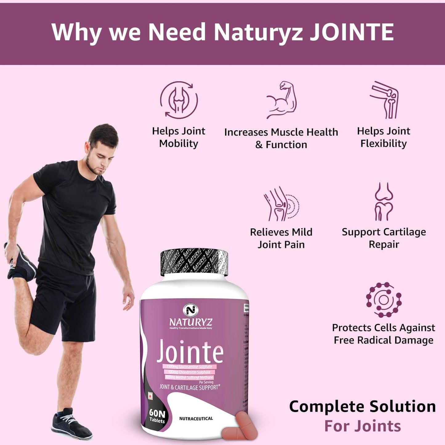 Naturyz Jointe Maximum Strength- 1500mg Glucosamine, 400mg Chondroitin & 400mg MSM per Serving for Cartilage, 60 Tablets