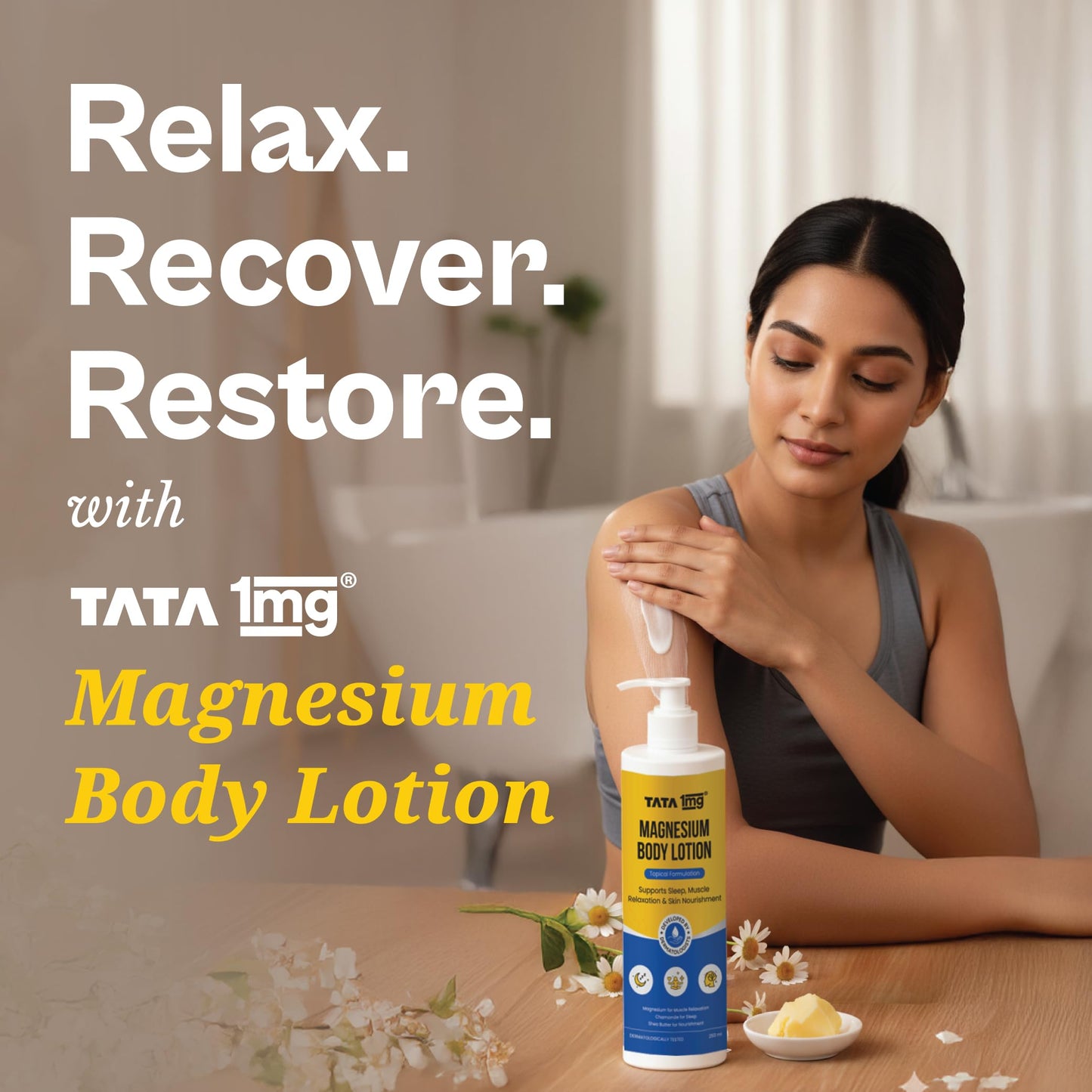 Tata 1mg Magnesium Body Lotion | Topical Body Lotion for Sleep, Muscle Relaxation & Recovery | Enriched with Chamomile, Shea Butter & Vitamin E | Dermatologically Tested | 250ml
