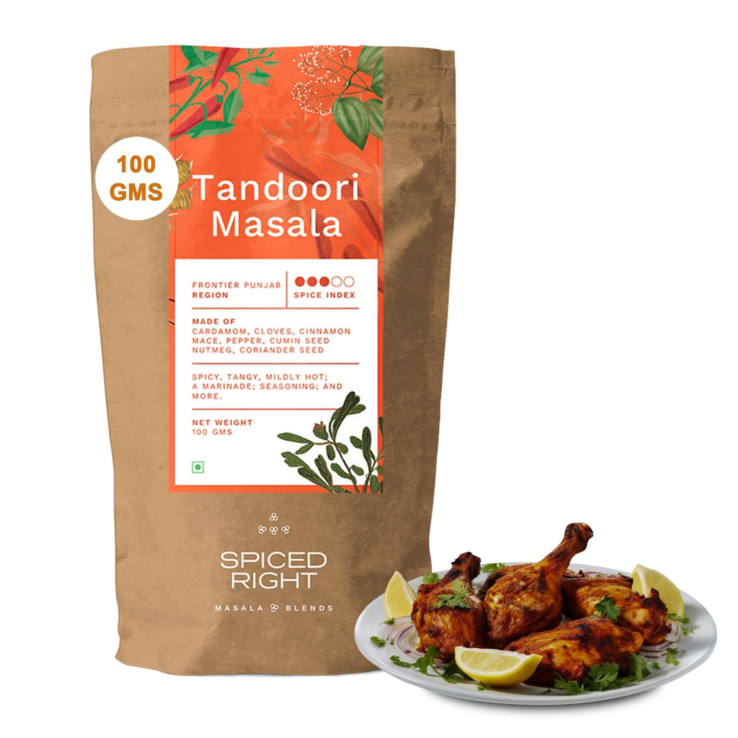 Spiced Right Tandoori Masala: 100g of Rich, Smoky Powder Masala with Garlic for Tikka, Tandoori Chicken & Paneer – Vibrant Red, Perfect for Marinating.