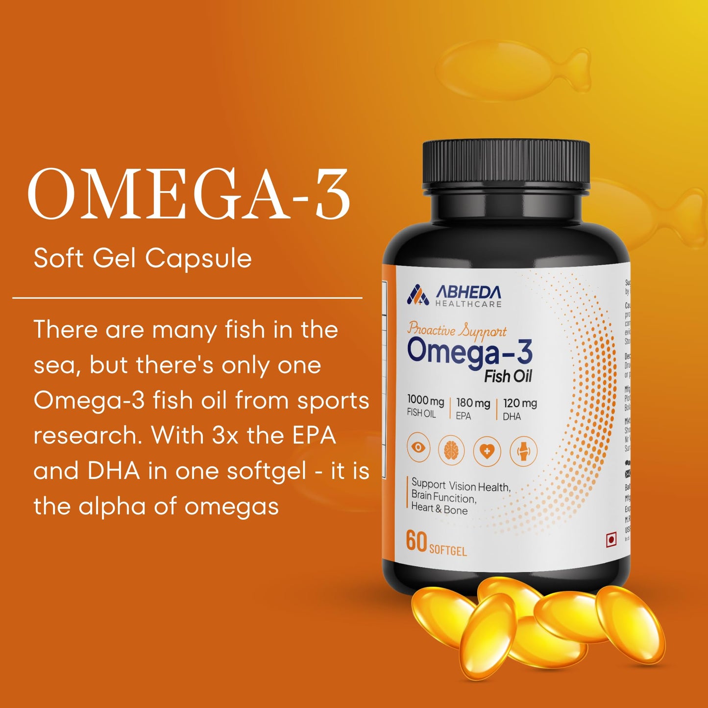 ABHEDA HEALTHCARE Omega-3 Fish Oil 1000mg - Triple Strength Formula, 60 Softgels - 180mg EPA & 120mg DHA for Enhanced Heart Health, Joint Support & Brain Function. (Pack Of 2)