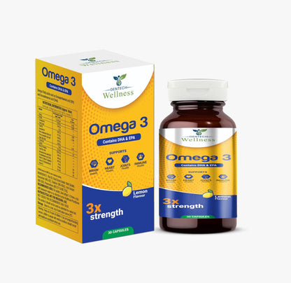 Gentech Wellness Omega 3 Fish Oil 1250mg Softgel Capsules with EPA & DHA – Triple Strength Omega 3 Supplement for Heart Health, Brain Function, Joint Support, Cholesterol & Skin Care – 30 Softgels.