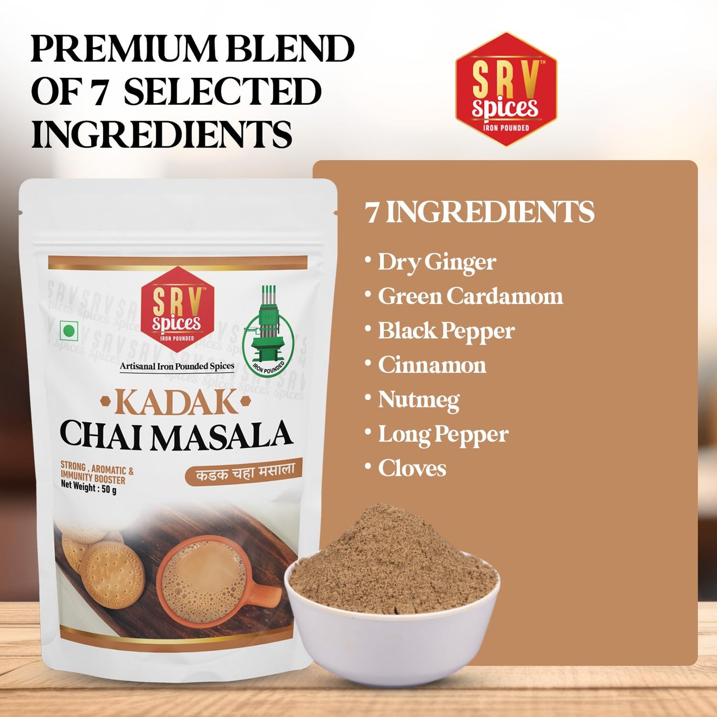 SRV SPICES Tea Masala Powder 50Gm | Kadak Chai Masala With 7 Aromatic Spices, Organic Ingredients, Refreshing, Immunity Booster With No Preservative (50 g)