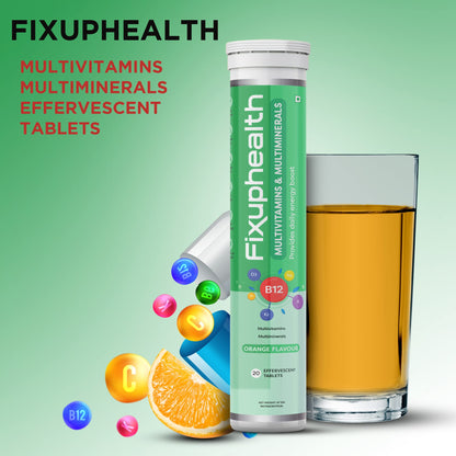 FIXUPHEALTH Multivitamins and Multiminerals Tablets, for Men and Women with Vitamins and Minerals Nutrition, Health and Wellbeing Effervescent Tablets Orange Flavor - (20 Tablets)